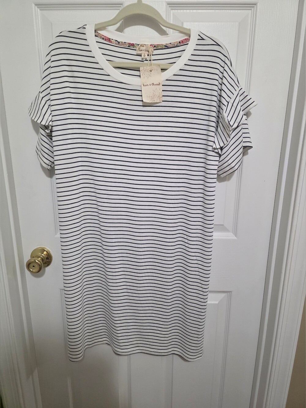 Hem & Thread Black and White Striped Tee Dress With Ruffle Sleeve